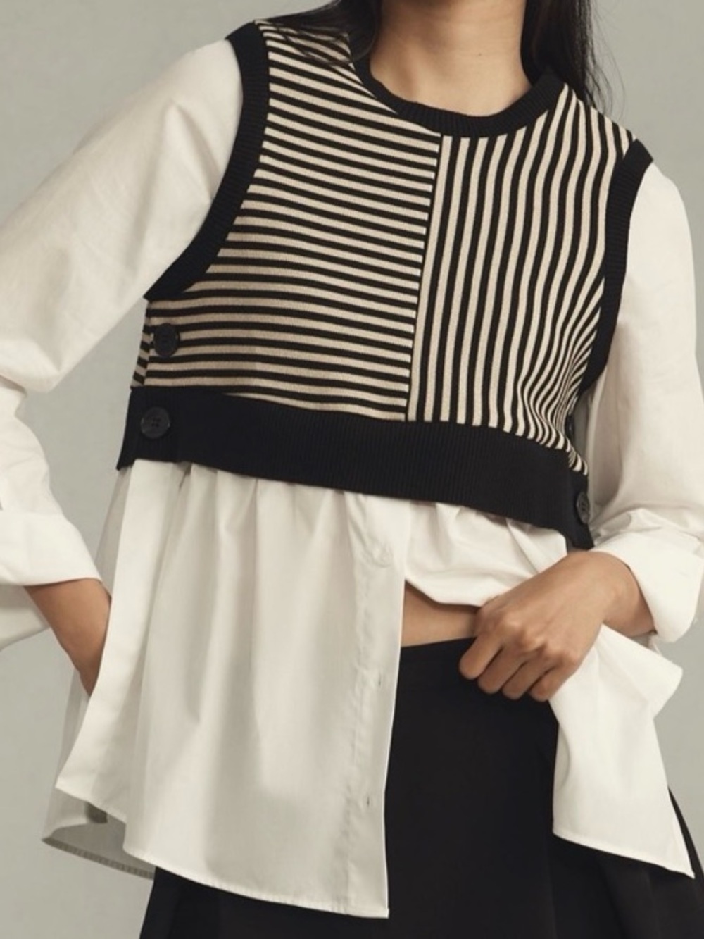 Anthropologie Maeve Long Sleeve Linen Twofer Sweater Vest Top